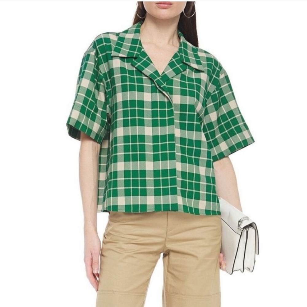 MM6 Maison Martin Margiela Green Tan Check Plaid Boxy Short Sleeve Top Size 40